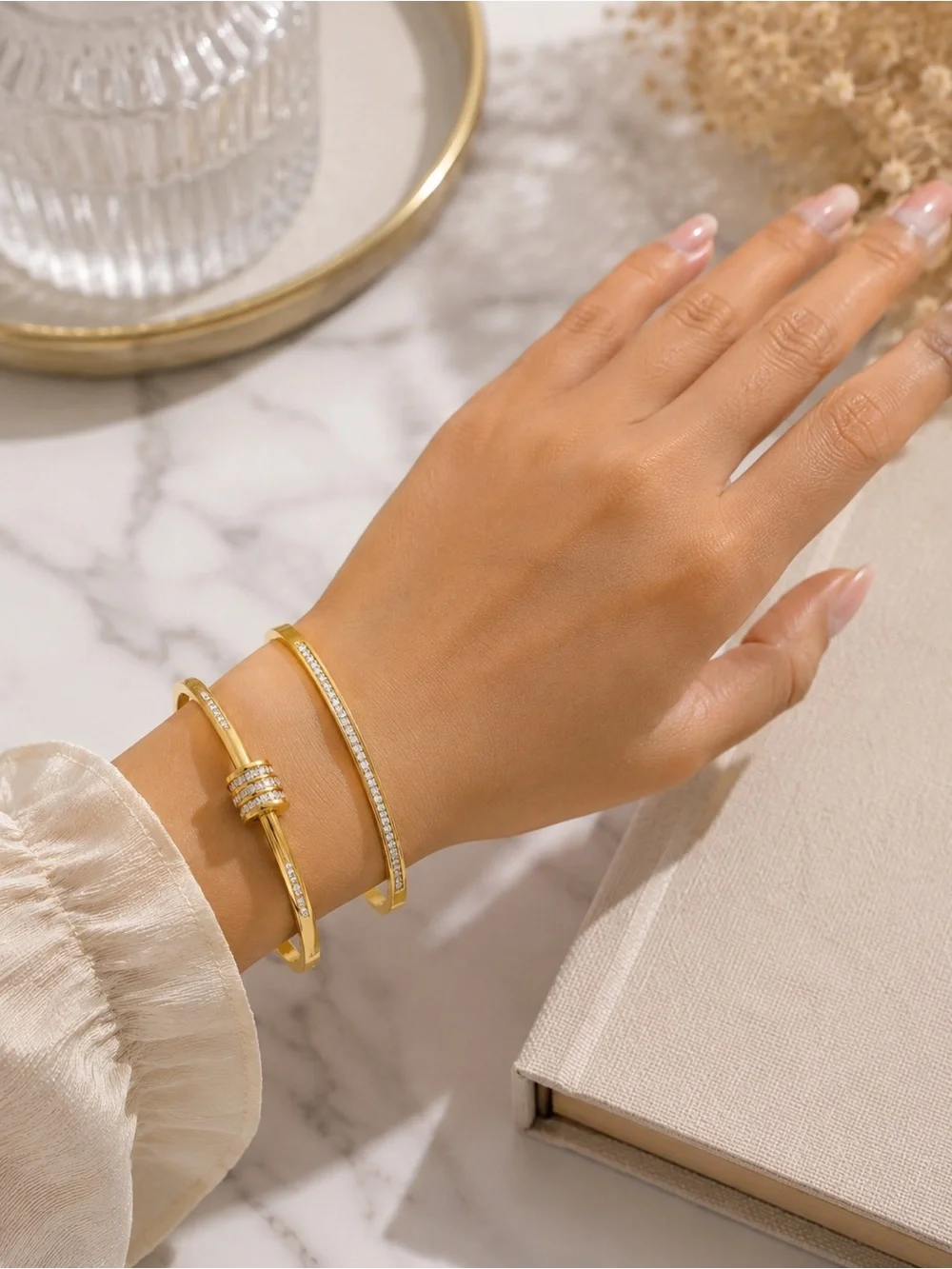 Gold Crystal Double Bangle Bracelet Set